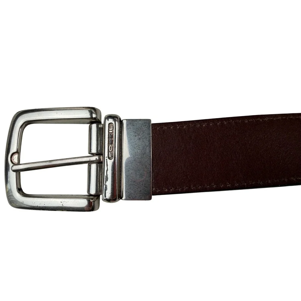 Fossil Mens Reversible Leather Belt Black Brown Silver Buckle Size 34-38‎